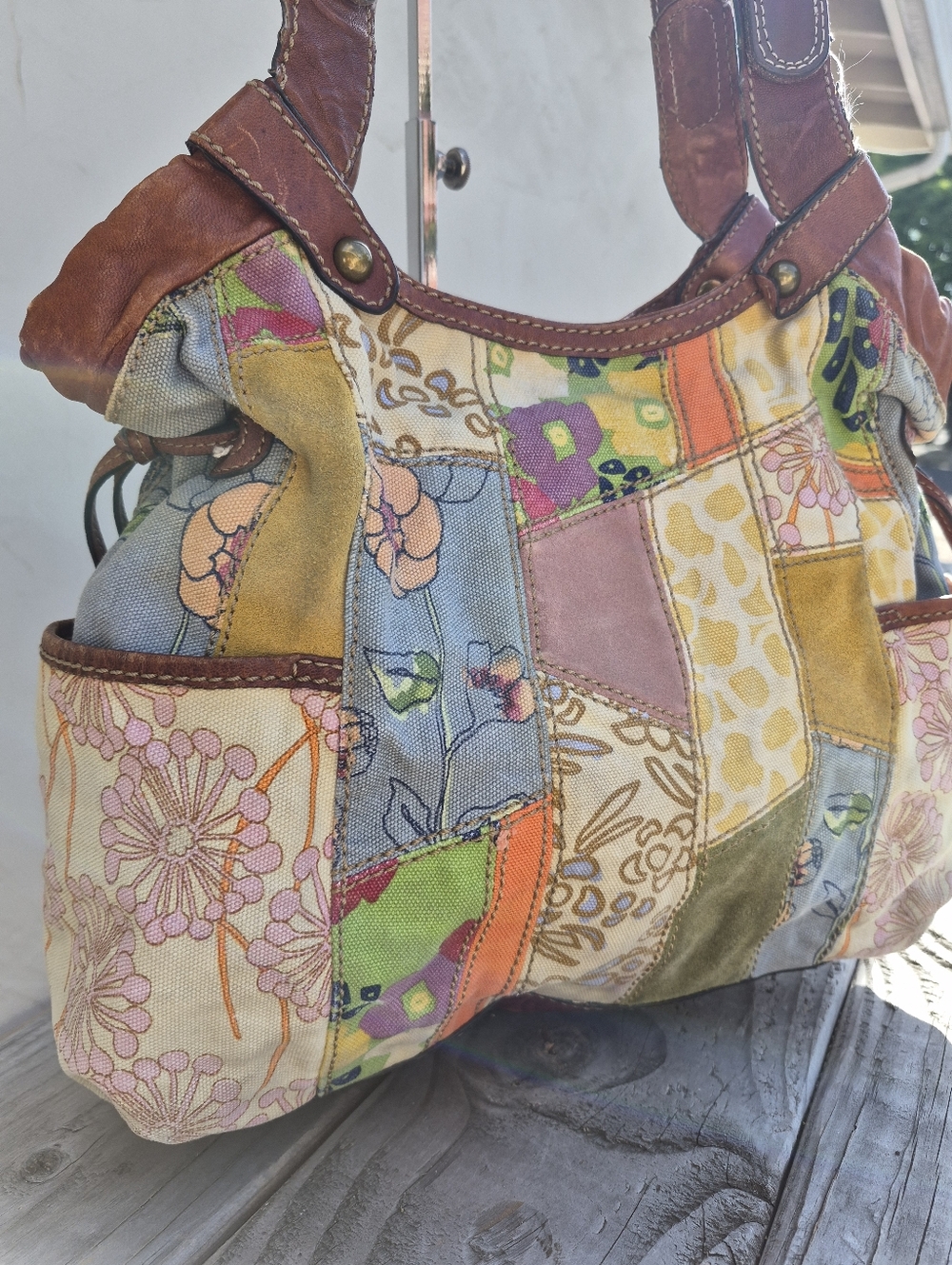 Fossil Patchwork Floral Multicolor Shoulder Bag - Brown Straps - Picture 4 of 13